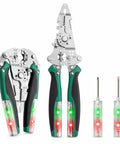 Heavy Duty 16 In 1 Foldable Wire Stripper With Integrated Voltage Tester Crimping Pliers and Screw Cutter, green and black handle, durable steel.