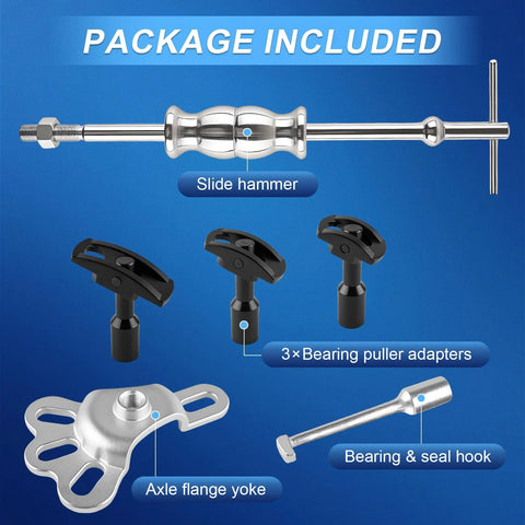 Rear Axle Bearing Puller Tool Kit With Slide Hammer Set including slide hammer, adapters, yoke, and hook for heavy-duty seal removal