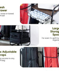 Detail view of Garage Ready Golf Bag Storage Organizer showing mesh drawer, adjustable straps, and large storage space.