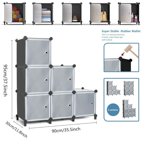 Stackable Storage Cube Organizer With Doors For Bedroom And Living Room DIY Six Cube Bookshelf Shelving Unit Plastic Space Saver Closet Organizer For Clothes Toys Books Shoes Black