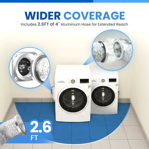 Magnetic Dryer Vent Kit With 2.6 Foot Aluminum Duct And Clamps, shown installed behind washers, highlighting magnetic connection.