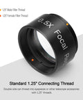 "0.5x Focal Reducer For Telescope With 1.25 Inch Filter Thread, Fully Multi Coated Field Corrector shown with male and female threads."