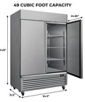 Top Shelf Heavy Hitter 49 Cu Ft Commercial Freezer And Fridge, upright convertible refrigerator with open door and shelves.