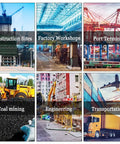 Image collage showing Construction Sites, Factory Workshops, Port Terminal, Coal Mining, Engineering, and Transportation.