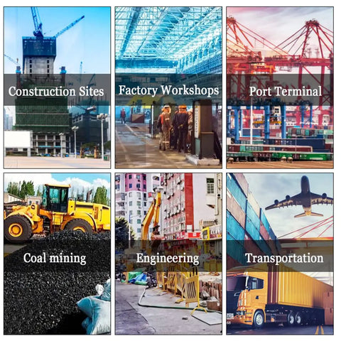 Image collage showing Construction Sites, Factory Workshops, Port Terminal, Coal Mining, Engineering, and Transportation.