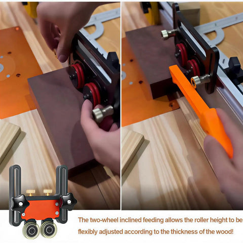 Hand adjusting Premium Bearing Roller Featherboards for Table Saw Woodworking Accessories on a wooden board.