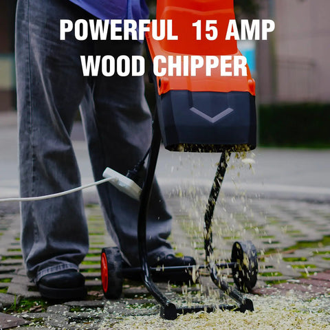 Electric Wood Chipper Shredder 1800W Portable Mulcher With Handy Collection Bag, orange design in action, mulching yard waste