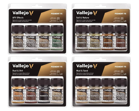 Front view: Four Vallejo Pigment FX pigment sets (4 bottles x 35 ml) in AFV Effects, Soil & Nature, Dust & Dirt, Mud & Sand
