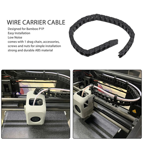 3D Printer Drag Chain 16.9 Inch Kit For Bamboo P1P, ABS cable carrier shown in printer with low noise operation and included hardware.