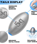 Heavy Lead Egg Sinker Weights For Bottom Rigs And Surf Fishing No Snag Sliding Oval Sinkers For Catfish Bass River And Lake Angling 25g Per Sinker 0.88oz 10 Pack For Longer Casts And Stronger Bottom Holds, showing close-up of sinker with engraved weight marking, smooth line through, and brushed metal finish.