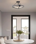 Valencia 16 Inch Three Light Modern Farmhouse Semi Flush Ceiling Light With Textured Glass Shade in a cozy living room setting.