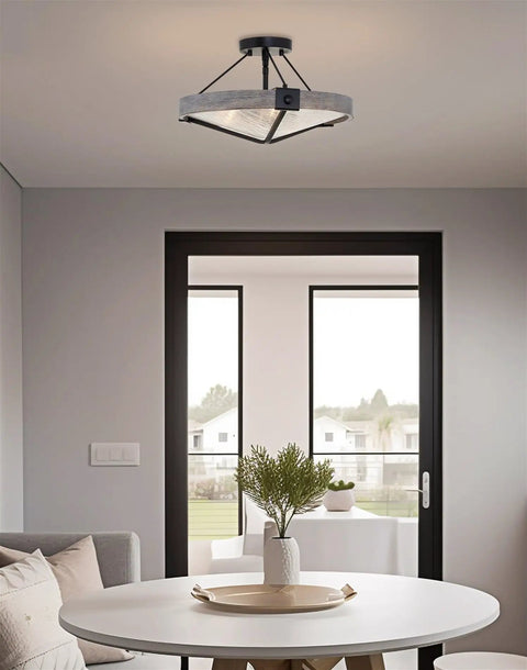 Valencia 16 Inch Three Light Modern Farmhouse Semi Flush Ceiling Light With Textured Glass Shade in a cozy living room setting.