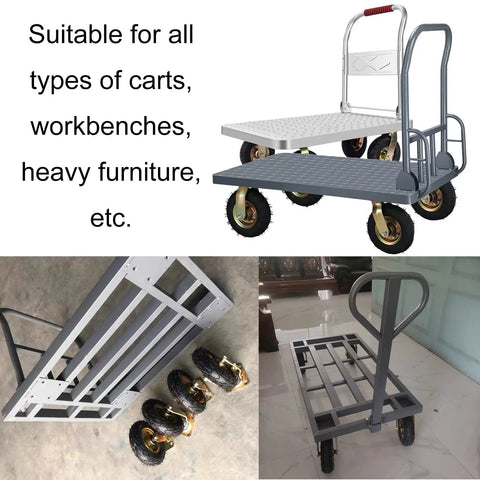 Tough As Nails 4 Piece Heavy Duty Pneumatic Rubber Caster Wheels With Secure Swivel Brakes And Stainless Steel Hardware For Smooth Gliding On Rough Concrete Floors Anywhere on a cart.