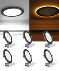 Image of Ensenior 6 Pack 6 Inch LED Recessed Lights with Night Light, 5CCT 1100LM showing different light modes and installed options.