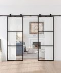 Front view of 48 by 84 inch metal and glass sliding double barn door with hardware kit soft close included rust resistant powder coated frame