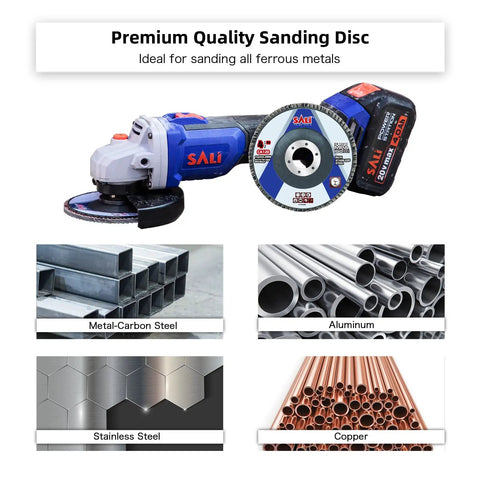 Premium Ten Pack 40 Grit Flap Disc For Angle Grinder 4.5 Inch By 7/8 Arbor on a tool with various metal materials.