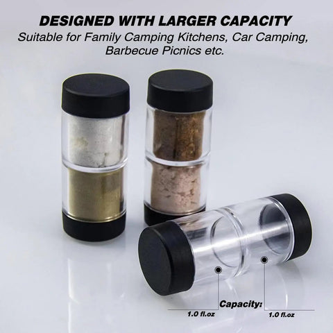 Moisture Proof Salt And Pepper Shaker Set With Airtight Lid Two In One Portable Spice Shaker, clear body, black lids, 1.0 fl oz each