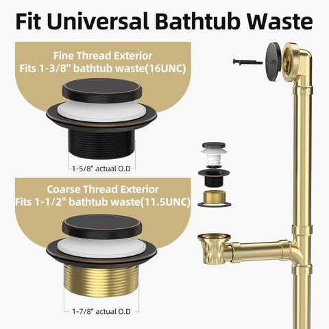 Oil Rubbed Bronze Tub Drain Kit With Hair Catcher And 2 Hole Overflow Faceplate Premium Brass Tip Toe Bathroom Drain Replacement 11 5 16 UNC Bathtub Drain Stopper Assembly No Leaks Easy Install showing fine and coarse thread fittings
