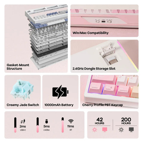 Full Size Mechanical Keyboard With Smart Screen And Media Knob For Rgb Backlit Gaming Setups featuring gasket-mount structure and creamy jade switch.