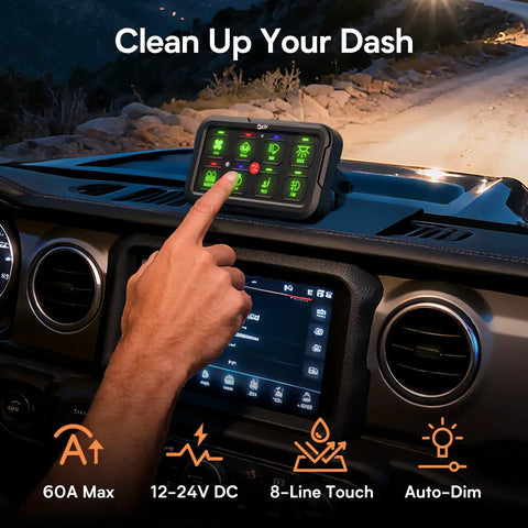 RGB 8 Gang Switch Panel With Momentary Toggle And Pulsed Memory for 12-24V Vehicles on dashboard at night.