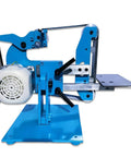 Heavy Duty 750 Watt Electric Belt Sander Bench Grinder With Polishing Machine And Sanding Belts Adjustable Angle, blue steel body for woodworking and metal projects.