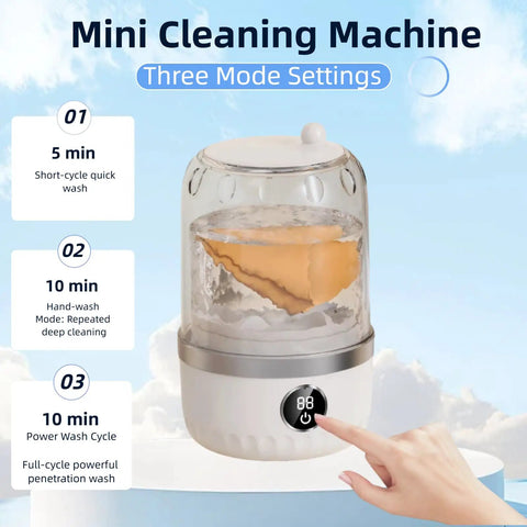 Slick Portable Mini Washing Machine With Digital Touch Controls And Usb Rechargeable Design Perfect For Underwear Socks And Delicates In Dorms Or Rvs Is A Straight Up Game Changer showing three mode settings and compact design.