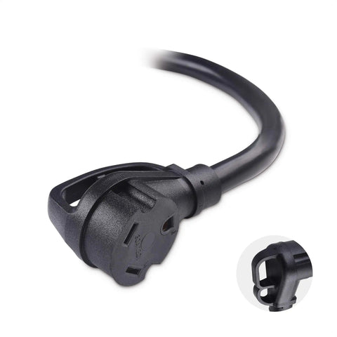 Close-up of Heavy Duty 30 Amp RV Extension Cord 50 Foot TT-30P to TT-30R Outdoor Rated 10/3 STW Weather Resistant Power Cable end