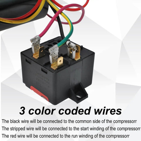 3 color coded wires on connector for 4-5 Ton HVAC Hard Start Capacitor Kit For Air Conditioners With Pre-Wired Install