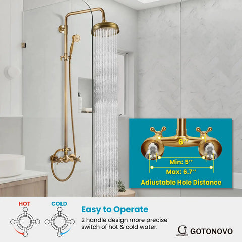 Brass Wall Mount Shower Faucet Set With 8 Inch Rain Shower Head Dual Cross Handles Handheld Spray Two Function Diverter Exposed Shower System Antique Brass Finish To Upgrade Your Shower Setup installed in modern bathroom