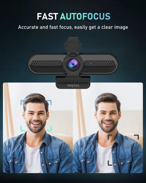 4K Auto Focus USB Web Cam With Dual Mics And Quick Privacy Flip Hella Crisp Video showing fast autofocus on a smiling man.