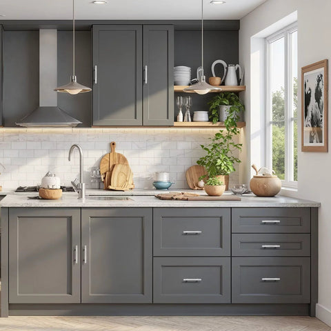 Modern kitchen with 5 Pack 3 Inch Brushed Nickel Cabinet Pulls Stainless Steel T Bar Handles With Solid Zinc Alloy Base on gray cabinets
