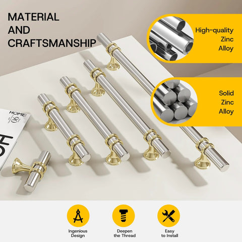 10 Pack Brushed Nickel And Gold Cabinet Pulls 3 Inch Hole Centers 76mm Zinc Alloy Kitchen Handles displayed on white surface