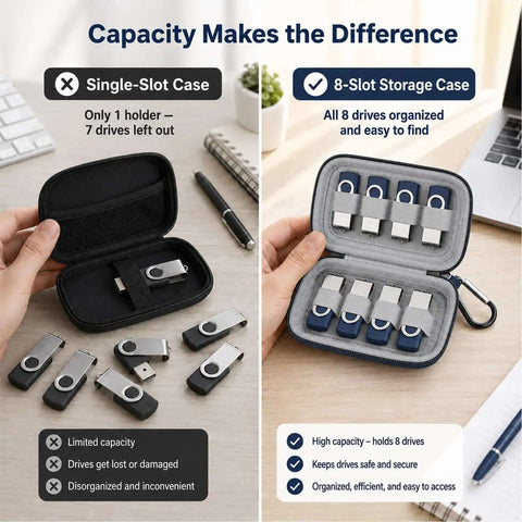 Slick Hard Shell Organizer Case For Eight Usb Flash Drives Sd Card Slots showing a comparison of single-slot and 8-slot storage cases.