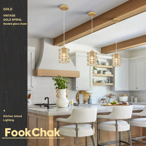 Gold Pendant Light Set Of 3 With Spiral Cage And Seeded Glass Shades For Kitchen Island, Dining Room, Bar, Sink Area
