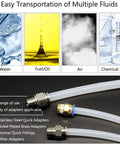 Easy transportation of multiple fluids: water, fuel/oil, air, chemical solvents with various adapters, including quick fittings.
