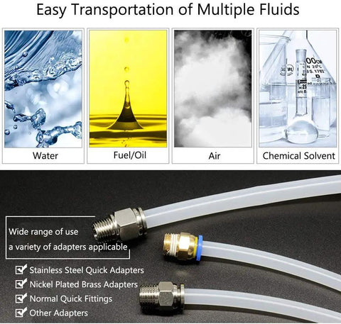 Easy transportation of multiple fluids: water, fuel/oil, air, chemical solvents with various adapters, including quick fittings.
