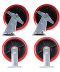Heavy Eight Inch Swivel Caster Wheels Four Pack Premium Polyurethane Treads with metal mounts and red wheels viewed from above.