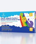 Product box for Magnetic Fraction Tiles And Circles With Percentages For Classrooms, featuring colorful fraction visuals.
