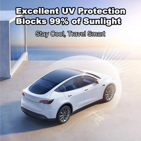Fannasi roof sunshade for Tesla Model 3 — side view of white 2021–2023 sedan with UV protection concept