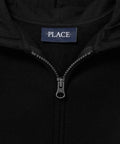 Close-up of black Boys Uniform Zip Up Hoodie In Black Size Five To Six with full zip front and label visible.