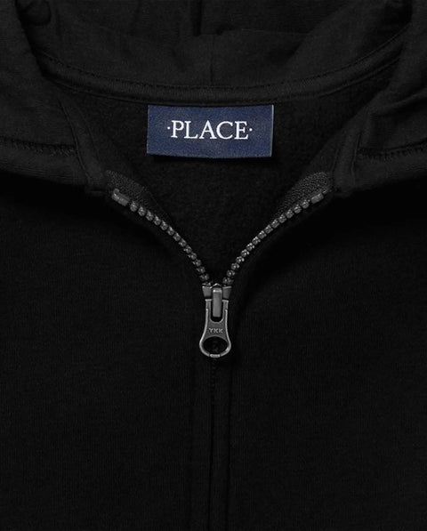 Close-up of black Boys Uniform Zip Up Hoodie In Black Size Five To Six with full zip front and label visible.