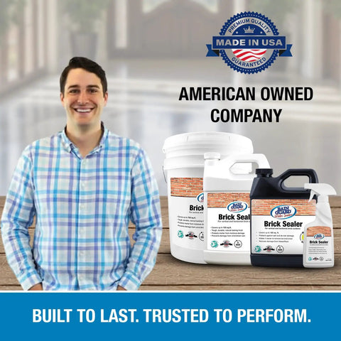 Built Tough Penetrating Brick Sealer And Mortar Waterproofer Blending Silane Siloxane in five gallon kit and smaller containers, displayed.