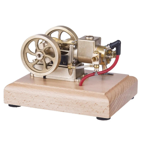 Dope Little 1.6cc Metal Adjustable Speed Micro Horizontal Water Cooled 4-Stroke Gasoline Engine With Wooden Base for STEM Education and Science Demos Today, brass engine on wood base