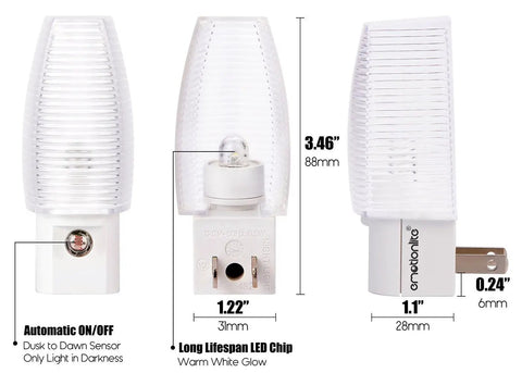 8 Pack Plug In Kid Friendly Night Light With Dusk To Dawn Sensor 2700K Warm White LED Nightlight shown from different angles with dimensions
