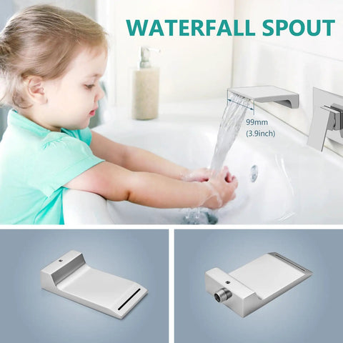 Wall Mount Bathroom Faucet With Waterfall Spout, Brass And Polished Chrome Finish, Single Handle, child using faucet