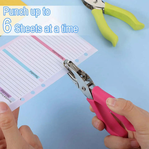 Using 16 Pack Handheld Hole Punchers With Soft Grip 1 Quarter Inch Circle Punch for Craft Paper, punching notebook pages, six sheets at once.