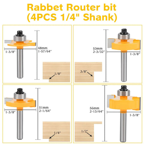 Rabbeting Router Bit Set With Interchangeable Bearings And Four Carbide Bits One Quarter Inch Shank Six Bearing Sizes For Woodwork