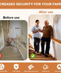 Rock Solid 2 Ft Premium Wood Stair Handrail For Indoor Outdoor Walls supporting seniors on stairs before and after installation.