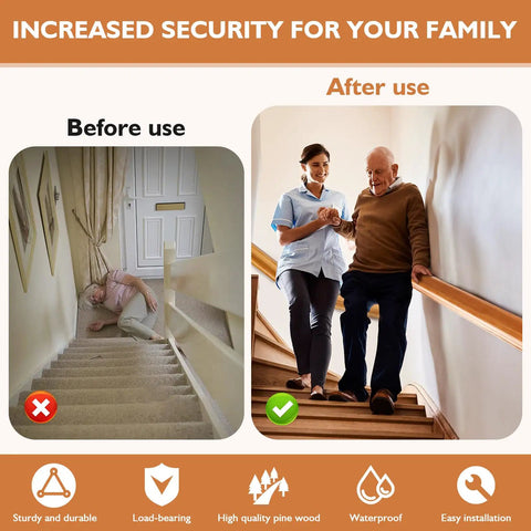 Rock Solid 2 Ft Premium Wood Stair Handrail For Indoor Outdoor Walls supporting seniors on stairs before and after installation.