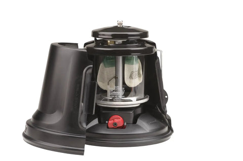 QuickPack Deluxe 1000 Lumen Propane Lantern With Carry Case shown open with automatic lighting and adjustable brightness features